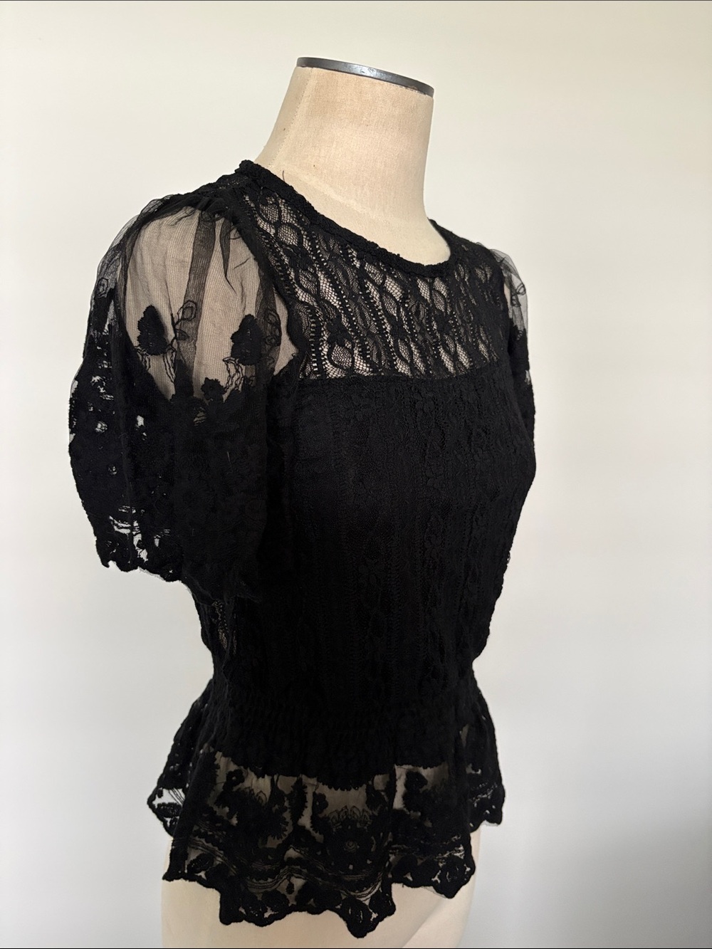 Women's Black Lace Short Sleeve Top with Sheer Back and Sleeves - Picture 2 of 10